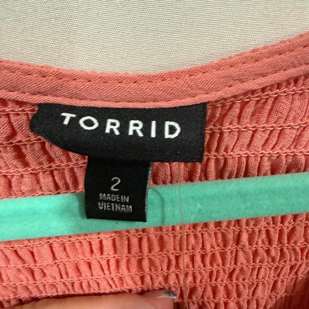 Torrid Pink Long Sleeve Crinkle Babydoll Blouse Smocked V-Neck Top Plus 2 2X - Picture 3 of 7